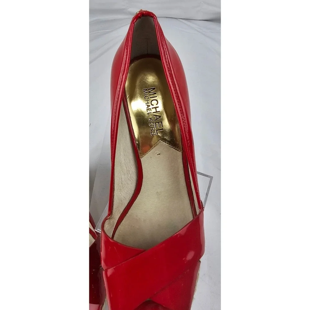 Michael Kors Red Patent Leather Espadrille Platform Wedge Heels Shoes Size 7.5